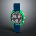 Stylish Sports Watch With Blue Strap Green Case And Silver Chronograph Dial
