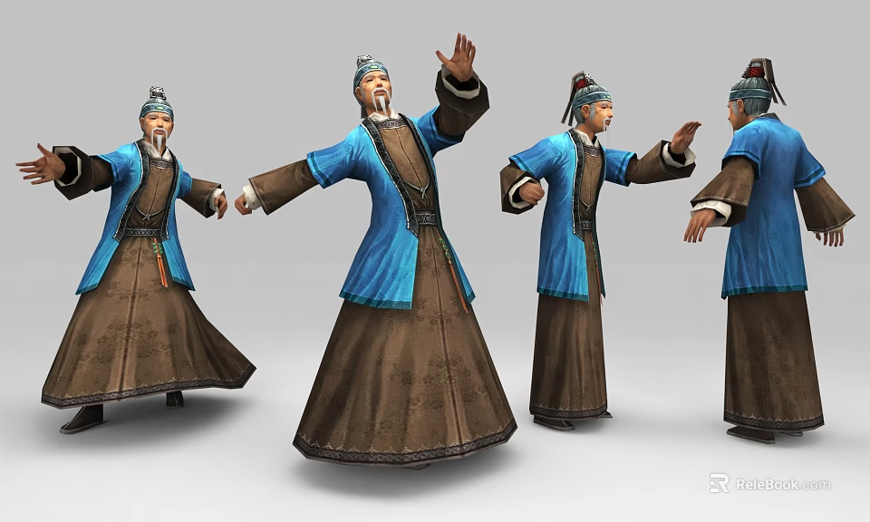 Ancient Style Game Movie Character in Blue Robe With Brown Lower Part and Various Poses 3d model 