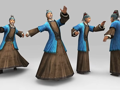 Ancient Style Game Movie Character in Blue Robe With Brown Lower Part and Various Poses 3d model