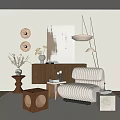 Cream Ribbed Accent Chair in Living Room with Walnut Cabinet Artwork and Pendant Lights