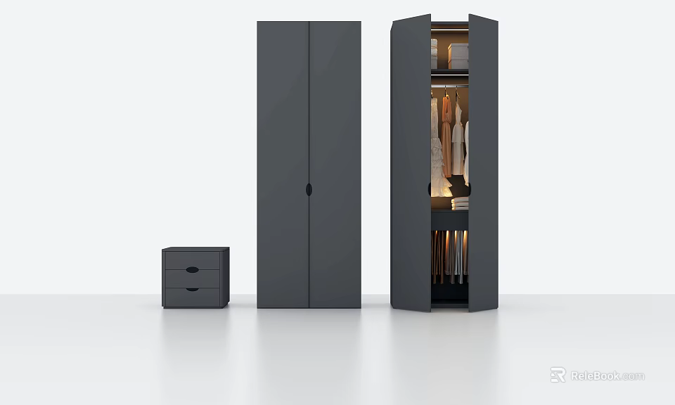 Modern Minimalist Double Door Wardrobe With Hanging Clothes Shelves And Small Drawer Cabinet 3d model 