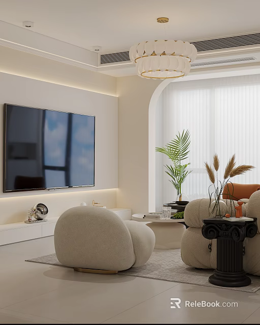 Modern Living and Dining Room Interior With Wall TV Round Sofa Plants And Chandelier 3d model 