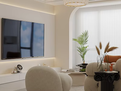Modern Living and Dining Room Interior With Wall TV Round Sofa Plants And Chandelier 3d model