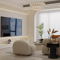 Modern Living and Dining Room Interior With Wall TV Round Sofa Plants And Chandelier