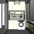 Modern Home Balcony Interior With Washing Machine Cabinets Sink Shelf And Blinds