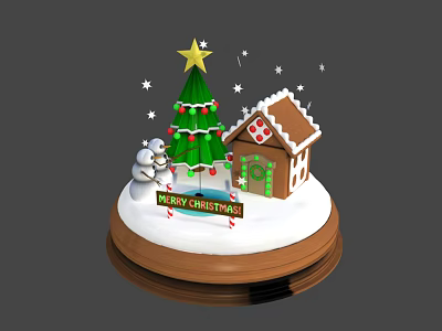 Christmas Decorative Ornament Set With Tree Gingerbread House Snowman Merry Christmas Sign And Wooden Base 3d model