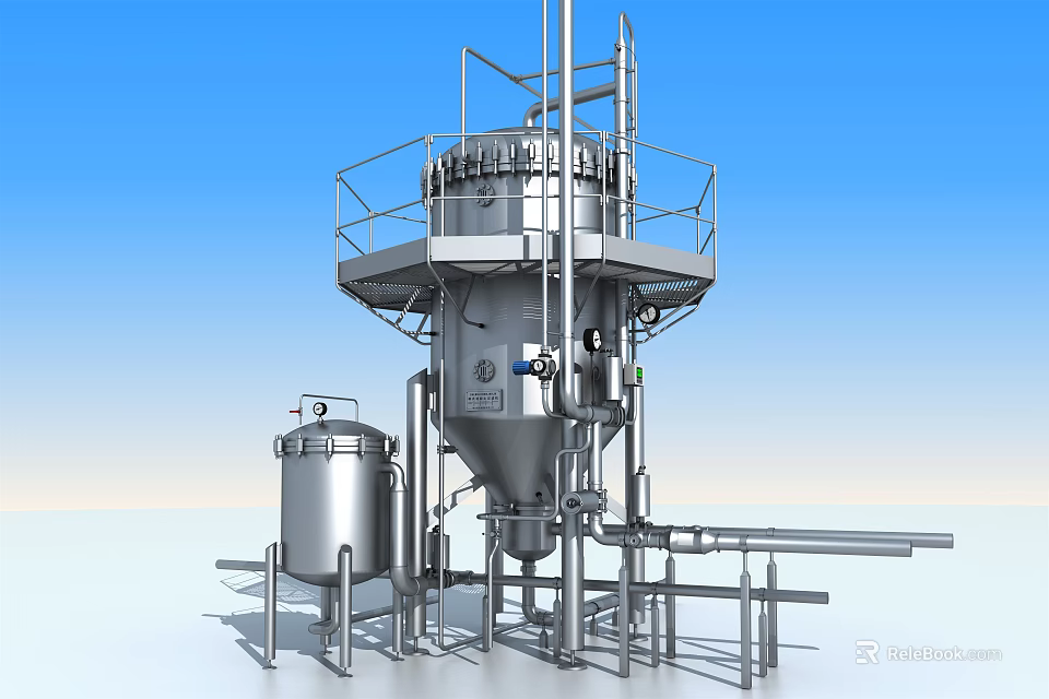 Large Scale Industrial Processing Equipment with Stainless Steel Tank Platform and Pipeline System 3d model 