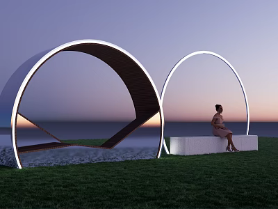 Landscape Seat with Circular Arches and Lighting in Coastal Lawn at Dusk with Woman Sitting 3d model