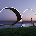 Landscape Seat with Circular Arches and Lighting in Coastal Lawn at Dusk with Woman Sitting