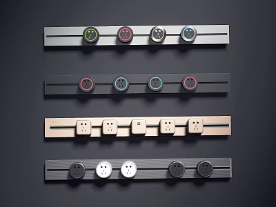Modern Electrical Switch Panels with Colorful Round Buttons and Power Sockets in Sleek Horizontal Strips 3d model