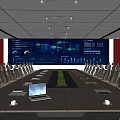 Modern Conference Room With Long Conference Table Laptop Green Plant And Data Screen