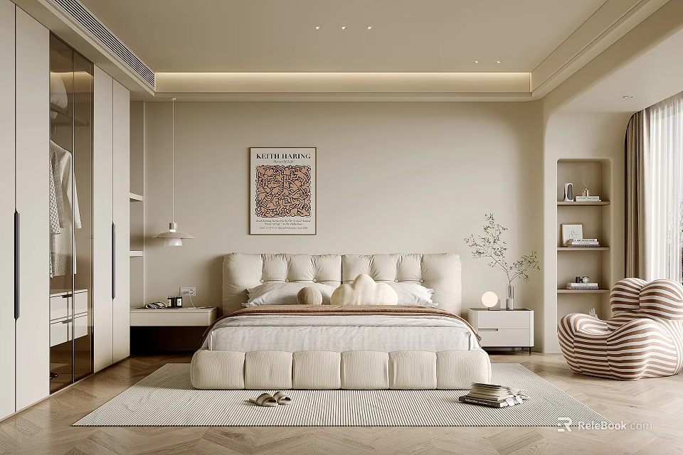 Modern Elegant Bedroom Interior With Large Bed Plush Pillows Herringbone Rug And Striped Armchair 3d model 