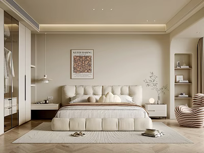 Modern Elegant Bedroom Interior With Large Bed Plush Pillows Herringbone Rug And Striped Armchair 3d model