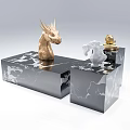 Black Marble Square Coffee Table With Golden Dragon Head Sphere And White Sculpture