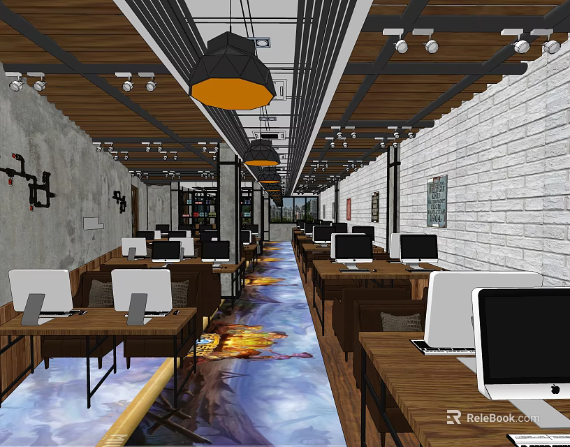 Modern Shop Front Desk With Wooden Elements Lighting And Computer Setup 3d model 