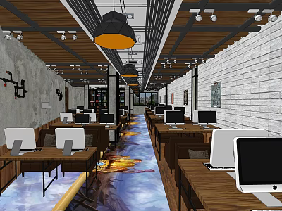 Modern Shop Front Desk With Wooden Elements Lighting And Computer Setup 3d model