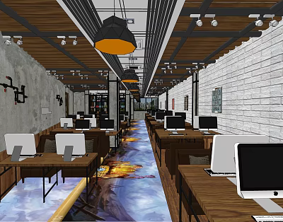 Modern Shop Front Desk With Wooden Elements Lighting And Computer Setup 3d model