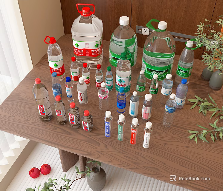 Assorted Bottled Drinks and Water Bottles on Wooden Table with Green Plants and Red Fruits 3d model 