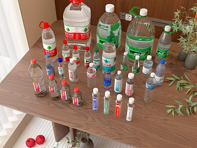 Assorted Bottled Drinks and Water Bottles on Wooden Table with Green Plants and Red Fruits 3d model