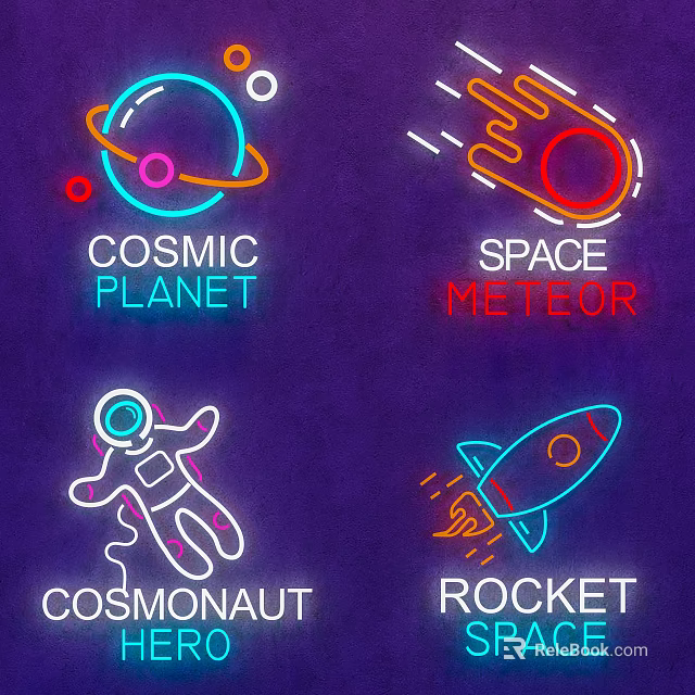 Space Themed Neon Decorative Lights With Cosmic Planet Meteor Astronaut Rocket 3d model 