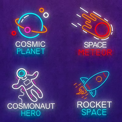 Space Themed Neon Decorative Lights With Cosmic Planet Meteor Astronaut Rocket 3d model