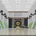 Solemn Mourning Hall Setup With Green Wreaths Black Drapes And Yellow Emblem Altar