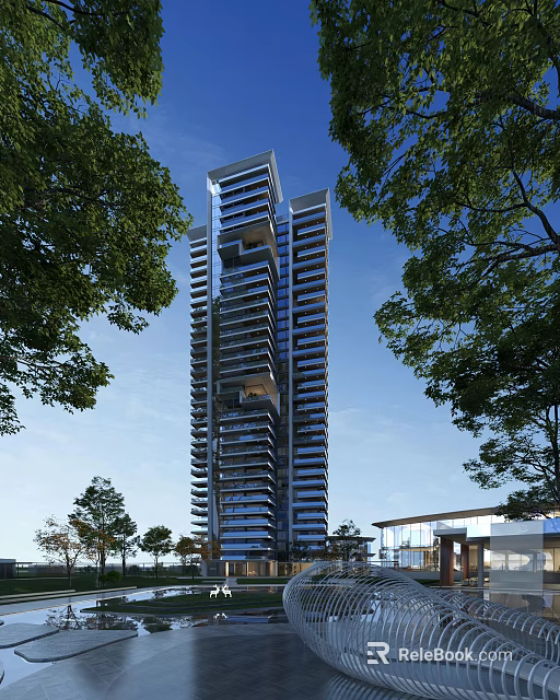 Tall Modern Residential Building With Balconies Surrounded By Green Trees And Blue Sky 3d model 