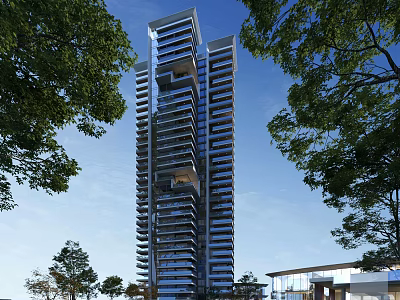 Tall Modern Residential Building With Balconies Surrounded By Green Trees And Blue Sky 3d model