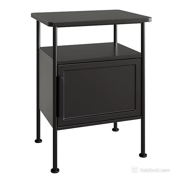 Modern Black Bedside Table With Cabinet Door And Metal Support Legs 3d model