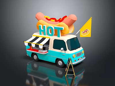 Blue And White Hot Dog Van With Large Hot Dog Model Yellow Flag And Service Sign 3d model