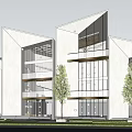 Modern Sales Office Building With White Walls Large Glass Windows And Trees Around