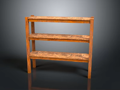 Three Tiered Wooden Shelf With Natural Wood Finish And Retro Design For Home Decor 3d model
