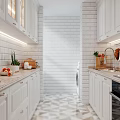 Bright Modern Galley Kitchen Interior With White Cabinets And Marble Countertops And Geometric Floor Tiles