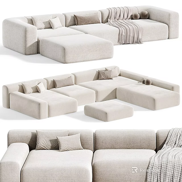 Modern Beige Sectional Sofa With Soft Fabric Throw Pillows And Ottoman Footstool 3d model 