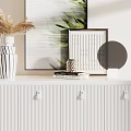 White Entryway Cabinet Sideboard With Vertical Striped Design Decorative Vase Dried Flowers And Wall Art