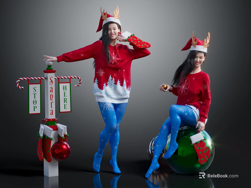 Kids in Christmas Costumes with Reindeer Antlers Red Sweaters Blue Tights and Festive Decorations 3d model 