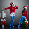 Kids in Christmas Costumes with Reindeer Antlers Red Sweaters Blue Tights and Festive Decorations