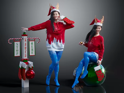 Kids in Christmas Costumes with Reindeer Antlers Red Sweaters Blue Tights and Festive Decorations 3d model