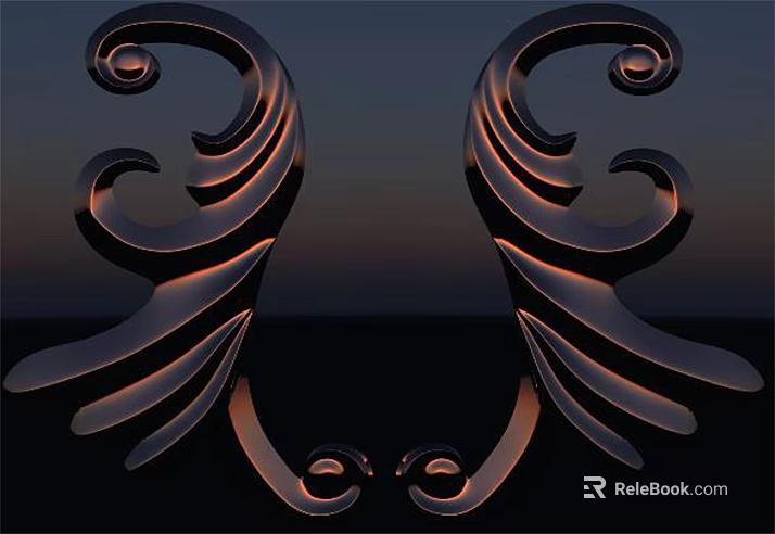 Ornate Carved Patterns Symmetrical Curved Metallic Decorative Artwork Against Dark Background 3d model 