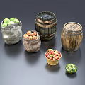Fresh Green Vegetables and Pumpkin in Various Wooden Barrels Display on Dark Surface