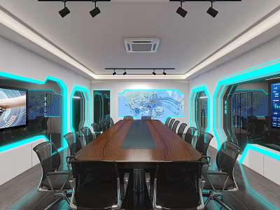 Modern Conference Room Interior With Long Wooden Table Black Chairs Large Screens And Blue Lighting 3d model