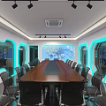 Modern Conference Room Interior With Long Wooden Table Black Chairs Large Screens And Blue Lighting