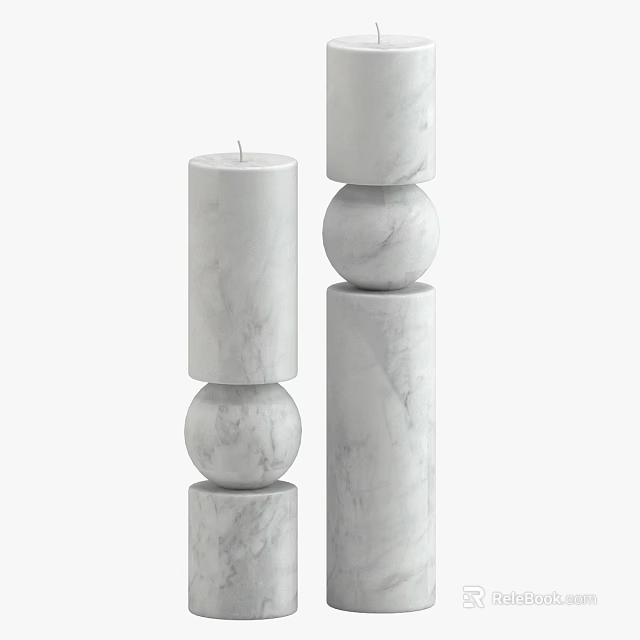 White Marble Candle Lamps with Stacked Cylindrical and Spherical Blocks and Top Candles 3d model 