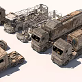 Abandoned Rusty Weathered Old Vehicles Including Trucks Cars And SUVs In Post Apocalyptic Style