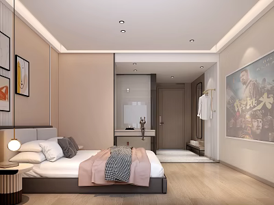Modern Hotel Guest Room with Comfortable Bed Decorative Paintings Open Bathroom and Nightstand Lamp 3d model