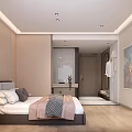 Modern Hotel Guest Room with Comfortable Bed Decorative Paintings Open Bathroom and Nightstand Lamp