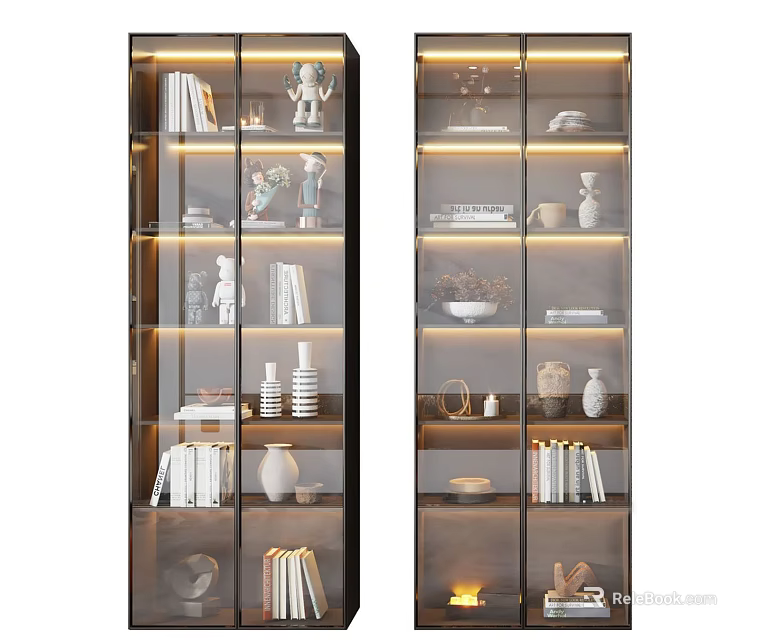 Modern Multi Layer Decorative Cabinet With Glass Doors Books Vases And Lighting 3d model 