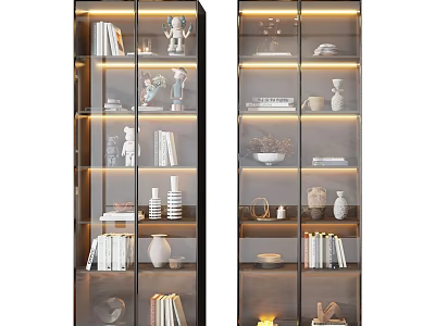 Modern Multi Layer Decorative Cabinet With Glass Doors Books Vases And Lighting 3d model