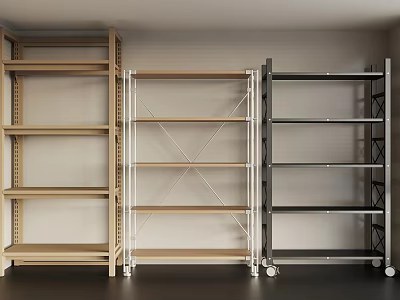 Wooden and Metal Storage Shelving Units with Multiple Layers and Mobile Wheels 3d model