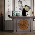 Chinese Style Console Table Decor With Calligraphy Scrolls And Ceramic Vases 3d model